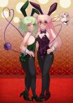  2girls :&lt; ;) absurdres animal_ears breasts cleavage closed_mouth commentary fishnet_pantyhose fishnets fub_(fubimanji) full_body gradient_background green_eyes green_footwear green_hair green_leotard hata_no_kokoro heart heart_of_string highres komeiji_koishi leotard long_hair medium_breasts medium_hair multiple_girls one_eye_closed pantyhose pink_hair playboy_bunny rabbit_ears red_eyes red_footwear red_leotard smile standing third_eye touhou wrist_cuffs 