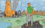  2023 5_toes anthro barefoot beastars bill_(beastars) black_stripes bottomwear building building_destruction car city city_destruction claws clothing cloud colored crush cutaway debris destruction digital_drawing_(artwork) digital_media_(artwork) extreme_size_difference feet felid foot_crush footprint fur green_clothing green_shirt green_topwear grey_bottomwear grey_clothing grey_pants hi_res humanoid_feet lake landscape larger_anthro larger_male littlelion46 looking_down macro male mammal micro mountain orange_body orange_fur outside pantherine pants plantigrade river shirt size_difference sky smellslikejavier solo stick_figure story story_at_source story_in_description stripes stuck_to_foot tail tiger toe_claws toes topwear vehicle water whiskers 