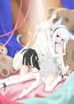  2girls absurdres animal_ears blue_eyes chain collar fox_ears fox_girl heart_tail_duo highres holding_hands leash multiple_girls original pleated_skirt skirt stuffed_animal stuffed_toy tail teddy_bear thighhighs user_edzd7434 white_hair yuri 