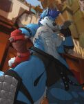  2023 5_fingers abs anthro black_nose blizzard_entertainment blue_body blue_fur blue_hair canid canine canis clothed clothing cosplay ear_piercing ear_ring female fingerless_gloves fingers fur gloves grin hair handwear hi_res hopey humanoid_hands junker_queen_(overwatch) low-angle_view mammal multicolored_body multicolored_fur muscular muscular_anthro muscular_female navel nipple_outline outside overwatch piercing ring_piercing saruuk signature smile solo teeth torn_clothing two_tone_body two_tone_fur white_body white_fur wolf 