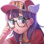 1girl baseball_cap dr._slump glasses hat long_hair looking_at_viewer norimaki_arale ogata_kouji open_mouth overalls purple_eyes purple_hair shirt short_sleeves simple_background solo white_background winged_hat 