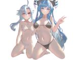  2girls absurdres ahoge ass_visible_through_thighs bikini black_bikini blue_eyes blue_hair breasts breasts_apart closed_mouth collarbone commission commissioner_upload expressionless flat_chest full_body hair_between_eyes hand_on_another&#039;s_waist highres hikaru_aruka horns kiseijou_rei_(goddess_form) kneeling large_breasts light_blue_hair long_hair looking_at_viewer multiple_girls navel neptune_(series) non-web_source power_symbol power_symbol-shaped_pupils red_eyes short_hair_with_long_locks sidelocks sign smile stomach swimsuit symbol-shaped_pupils transparent_background v very_long_hair warning_sign white_bikini white_heart 