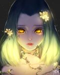  1girl absurdres artist_name hair_ornament highres leaf_hair_ornament lipstick long_hair looking_at_viewer makeup original plant solo upper_body vines yellow_eyes yido_(yidoarts) 