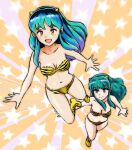  2girls animal_print aqua_hair bikini blue_eyes breasts cleavage dual_persona green_hair highres hiyama_yuu_(wee259hiyama) horns lum medium_breasts motion_blur multiple_girls oni_horns orange_eyes print_bikini sidelocks starry_background strapless strapless_bikini swimsuit tiger_print urusei_yatsura yellow_footwear 