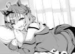  1girl absurdres ahoge animal_ears blush camisole curtains greyscale highres horse_ears horse_girl horse_tail hugging_object indoors jacket jungle_pocket_(umamusume) long_sleeves looking_at_viewer lying monochrome notched_ear on_stomach open_mouth pillow pillow_hug ryochapu short_hair smile solo strap_slip tail tail_through_clothes teeth umamusume upper_teeth_only 