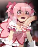  1boy 1girl absurdres all_fours bar_censor blurry blurry_background blush bow censored chest_jewel choker commentary disembodied_penis dress english_commentary frilled_socks frills gloves hair_between_eyes hair_bow heart heart-shaped_pupils hetero highres kaname_madoka large_penis magical_girl mahou_shoujo_madoka_magica mixed-language_commentary mizumizuni open_mouth penis pink_bow pink_dress pink_eyes pink_hair precum puffy_short_sleeves puffy_sleeves red_choker saliva short_dress short_hair short_sleeves socks steaming_body sweat symbol-shaped_pupils twintails variant_set veins veiny_penis white_gloves white_sleeves white_socks 