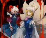  2girls animal_hat blonde_hair blood blood_drip blue_dress blue_tabard breasts closed_mouth curled_horns detached_sleeves dress earrings expressionless feet_out_of_frame fox_tail grey_ribbon hair_between_eyes hat horn_ornament horn_ribbon horns jewelry kitsune kyuubi long_sleeves looking_at_viewer meandros medium_bangs medium_hair mob_cap multiple_girls multiple_tails pointy_ears pool_of_blood purple_sleeves red_eyes red_horns ribbon sheep_horns short_hair small_breasts standing tabard tail touhou toutetsu_yuuma white_dress white_hair white_headwear xian_qishui yakumo_ran 