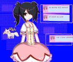  1girl :3 ame-chan_(needy_girl_overdose) black_eyes black_hair blue_screen_of_death choker commentary cosplay dress english_text glitch hair_ornament hair_over_one_eye kaname_madoka kaname_madoka_(cosplay) kyubey mahou_shoujo_madoka_magica mayu_(nanakemi) needy_girl_overdose pink_dress puffy_short_sleeves puffy_sleeves red_choker short_sleeves soul_gem x_hair_ornament 