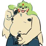  anthro bandai_namco belly blep bottomwear clothed clothing denim denim_clothing digimon digimon_(species) flaccid foreskin gargomon genitals horn jeans lock-wolf long_ears male navel nipples open_bottomwear open_clothing open_pants overweight pants penis shaking_penis solo tongue tongue_out 