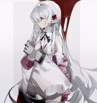  1girl arknights bare_shoulders commentary_request cowboy_shot cross_hair_ornament dress grey_background hair_ornament highres long_hair long_sleeves looking_to_the_side pointy_ears profile red_eyes solo standing taiz22 very_long_hair warfarin_(arknights) white_dress white_hair 
