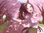  1girl animal_ears breasts brown_hair cherry_blossoms collarbone falling_leaves flower_in_eye forehead horse_ears horse_girl horse_tail large_breasts leaf looking_at_viewer ohmi-wisteria open_mouth outstretched_arms ponytail purple_eyes sakura_bakushin_o_(umamusume) shirt short_sleeves spread_arms spring_(season) symbol_in_eye tail umamusume upper_body v-shaped_eyebrows white_shirt 