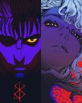  2boys berserk black_hair blue_eyes brand_of_sacrifice commentary english_commentary eyelashes griffith_(berserk) guts_(berserk) highres long_hair looking_at_viewer multicolored_hair multiple_boys nisino2222 serious short_hair streaked_hair wavy_hair white_hair 