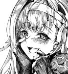  1girl absurdres bandaged_head bandages blush goddess_of_victory:_nikke greyscale hand_on_own_cheek hand_on_own_face highres long_hair looking_at_viewer modernia_(nikke) monochrome smile smoothie_bear teeth traditional_media upper_teeth_only 