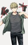  1boy absurdres asgykk black_gloves black_pants blonde_hair closed_mouth gloves green_jacket grey_eyes grey_shirt gun highres jacket no_symbol pants shirt solo spy_x_family twilight_(spy_x_family) weapon 