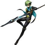  1boy black_bodysuit bodysuit highres light_green_hair persona persona_5 persona_5:_the_phantom_x polearm spear weapon 