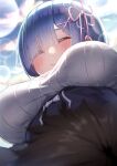  1girl absurdres blue_eyes blue_hair blush breasts closed_eyes cloud commentary_request eyes_visible_through_hair hair_ornament hair_over_one_eye hair_ribbon highres lap_pillow large_breasts lying_on_lap maid maid_headdress orb outdoors pink_ribbon re:zero_kara_hajimeru_isekai_seikatsu rem_(re:zero) ribbon roswaal_mansion_maid_uniform short_hair sky smile x_hair_ornament yuyuripo 