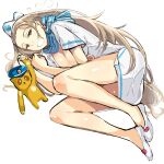  1girl ace_attorney ace_attorney_investigations ass blue_scarf breasts brown_eyes brown_hair bubble cammy_meele cleavage drooling earrings jewelry large_breasts long_hair lying on_side q_(a72pgc) scarf short_sleeves simple_background stuffed_animal stuffed_toy travel_attendant very_long_hair white_background white_footwear white_headwear 