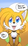  2_tails anthro armwear canid canine choker clothing dialogue english_text fishnet fishnet_armwear fox hi_res jewelry kneeling male mammal miles_prower multi_tail necklace nekoniku offscreen_character open_mouth sega solo sonic_the_hedgehog_(series) tail text tongue tongue_out 