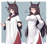  1girl breasts brown_hair closed_eyes closed_mouth dress igu_(103milk) imaizumi_kagerou large_breasts long_hair long_sleeves multiple_views sweat taut_clothes touhou v-shaped_eyebrows very_long_hair white_dress 