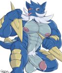  abs anthro anthrofied areola armor balls biceps big_balls big_muscles big_penis blep bodily_fluids castrodour claws cum digital_media_(artwork) erection feral fur generation_5_pokemon genital_fluids genitals hair headgear helmet hi_res horn huge_muscles humanoid_genitalia humanoid_penis looking_at_viewer male mammal muscular muscular_anthro muscular_male nintendo nipples nude pecs penis pokemon pokemon_(species) samurott simple_background smile solo tongue tongue_out vein whiskers white_body white_fur 