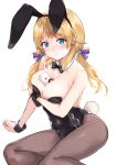  1girl :t ahoge animal_ears arm_support arm_under_breasts between_breasts black_bow black_bowtie black_hairband black_leotard black_wrist_cuffs blonde_hair blue_eyes blush bow bowtie breast_hold breasts card card_between_breasts cleavage collarbone covered_navel detached_collar embarrassed fake_animal_ears fake_tail fishnet_pantyhose fishnets hachimiya_meguru hair_ornament hair_ribbon hairband highres idolmaster idolmaster_shiny_colors large_breasts leotard long_hair looking_at_viewer low_twintails minikon multicolored_ribbon pantyhose playboy_bunny playing_card poker_chip rabbit_ears rabbit_tail ribbon simple_background sitting solo star_(symbol) star_hair_ornament tail tears twintails white_background wince yokozuwari 