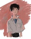  1boy black_eyes black_hair black_pants blue_shirt breast_pocket closed_mouth collared_shirt commentary ikari_shinji kgeroua male_focus neon_genesis_evangelion pants pocket red_background shirt short_hair short_sleeves solo undershirt upper_body white_background white_shirt 