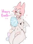  &lt;3 2022 accessory anthro balls biped colored digital_media_(artwork) easter easter_egg egg eyes_closed fur genitals girly hair hair_accessory hairclip happy hi_res holidays lagomorph leporid male mammal mikosi navel nude pink_body pink_hair rabbit simple_background smile solo tail teeth wings 