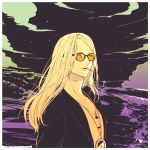  1boy beach black_background black_jacket blonde_hair cigarette cloud fate/grand_order fate_(series) jacket jewelry long_hair looking_at_viewer male_focus medallion necklace nobicco open_clothes open_jacket orange-tinted_eyewear shirt smoking solo sunglasses tezcatlipoca_(fate) tinted_eyewear white_shirt 