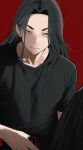  1boy baji_keisuke black_hair black_pants black_shirt brown_eyes closed_mouth cowboy_shot fang highres holding knee_up long_hair looking_at_viewer male_focus pants red_background shirt short_sleeves simple_background sitting solo t-shirt tokyo_revengers tottiriti tsurime 