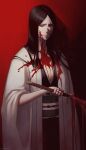  50x48x48 black_hair black_kimono bleach bleach:_the_thousand-year_blood_war blood blood_on_clothes blood_on_face blood_on_weapon breasts cleavage haori highres holding holding_sword holding_weapon japanese_clothes kimono long_hair parted_bangs parted_lips red_background sword taichou_haori unohana_retsu weapon 