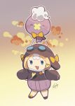  1girl :3 abigail_williams_(fate) absurdres bandaid bandaid_on_face bandaid_on_forehead blonde_hair blue_eyes chibi crossed_bandaids crossover drifloon fate/grand_order fate_(series) flying full_body goggles goggles_on_head gradient_sky highres jacket kyojo128 open_mouth pokemon pokemon_(creature) pokemon_(game) sky sleeves_past_fingers sleeves_past_wrists smile 