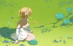  absurdres blonde_hair daine detached_sleeves facing_away flower genshin_impact grass hair_flower hair_ornament highres lumine_(genshin_impact) slime_(genshin_impact) white_flower 