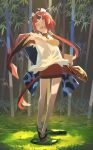  1girl absurdres apron bamboo bamboo_forest benienma_(fate) bird_hat blue_bow bow fate/grand_order fate_(series) floating_hair forest full_body grass hand_up head_tilt high_collar highres holding japanese_clothes kimono kuronoiparoma long_hair looking_at_viewer low_ponytail nature ohitsu okobo open_mouth outdoors parted_bangs red_hair red_kimono shamoji short_kimono smile socks solo standing tabi very_long_hair waist_bow white_apron white_socks wide_sleeves yellow_eyes 
