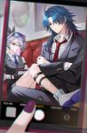  1boy 1girl absurdres alternate_costume black_suit blade_(honkai:_star_rail) blue_necktie cellphone chewing_gum daengdaeng fishnet_socks fishnets green_eyes green_hair grey_hair highres honkai:_star_rail honkai_(series) long_hair long_sleeves looking_at_viewer necktie phone pov red_eyes silver_wolf_(honkai:_star_rail) smartphone socks suit taking_picture 