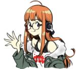  1girl :q ahoge arm_up behind-the-head_headphones blunt_bangs coat fur-trimmed_coat fur_trim glasses green_coat headphones highres ito_(daisukidanchi) long_hair looking_at_viewer off-shoulder_shirt off_shoulder orange_hair persona persona_5 print_shirt purple_eyes sakura_futaba shirt sidelocks solo tank_top tongue tongue_out upper_body waving white_background white_shirt 