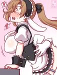 1girl akigumo_(kancolle) animal_ears apron artist_logo black_hairband blush breasts brown_hair center_frills clothed_sex cross_tie dated disembodied_limb doggystyle droopy_ears fake_animal_ears fleur_de_lapin_uniform floppy_ears frilled_apron frilled_cuffs frilled_hairband frilled_shirt frills gradient_background green_eyes hair_ribbon hairband hetero kanon_(kurogane_knights) kantai_collection large_breasts lolita_hairband long_hair mole nipples one-hour_drawing_challenge open_mouth panties panties_around_one_leg pink_background ponytail puffy_short_sleeves puffy_sleeves rabbit_ears ribbon sex sex_from_behind shirt short_sleeves solo_focus standing standing_sex torso_grab underbust underwear waist_apron waitress white_apron wrist_cuffs 