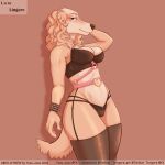  2023 absurd_res aggressive_retsuko anthro bra breasts brown_nose canid canine canis claws cleavage clothed clothing collaboration collar digital_media_(artwork) domestic_dog english_text female finger_claws fingers fur garter_straps hi_res humanoid_hands inui_(aggressive_retsuko) legwear lingerie mammal navel panties sanrio smile solo spiked_collar spikes tan_body tan_fur text thigh_highs torgore underwear wristband yuzu_zuzu 