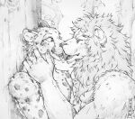  2023 akatan_art anthro bodily_fluids dated duo eyes_closed felid french_kissing fur kissing lion male mammal mane monochrome pantherine plant saliva saliva_string signature spots spotted_arms spotted_body spotted_face spotted_fur tongue tongue_out tree 