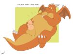  anthro balls belly big_belly bodily_noises canson claws dialogue digestion dragon english_text erection fatal_vore garaue genitals hi_res male male/male masturbation nude oral_vore orange_body orange_scales penis rumbling_stomach scales simple_background solo sound_effects text videlthewusky vore 