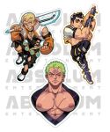  3boys abs absolum_art absurdres alternate_costume asher_(absolum) ass bara bare_pectorals biceps black_hair black_kimono blonde_hair blush br-07_(absolum) cross-laced_clothes cross-laced_top crossover earrings green_hair highres japanese_clothes jewelry jumping kimono large_pectorals male_focus merchandise_available multiple_boys muscular muscular_male my_deadly_robot_boyfriend_(absolum) nipples one_piece original over_shoulder pectoral_cleavage pectorals roronoa_zoro short_hair shy sideburns sideburns_stubble single_earring smile spiked_hair sticker_(medium) straight-on sword sword_over_shoulder thick_eyebrows veiny_face weapon weapon_over_shoulder 