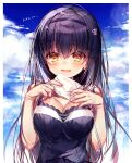  1girl :d bare_arms black_hair black_hairband black_shirt blue_sky blush bone_hair_ornament breasts chi_no cleavage cloud eyelashes eyes_visible_through_hair hair_between_eyes hair_ornament hairband hands_up holding holding_letter kushima_kamome large_breasts letter long_hair looking_at_viewer open_mouth outdoors shirt skull_and_crossbones skull_hair_ornament sky smile solo straight-on straight_hair summer_pockets upper_body very_long_hair yellow_eyes 