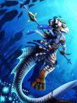  3:4 ambient_fish ambient_sealife ambiguous_gender anthro black_claws blue_eyes bubble claws fish frill_(anatomy) full-length_portrait glistening glistening_eyes group hi_res holding_object holding_spear holding_weapon kuttoyaki male marine markings melee_weapon mouth_closed nude orange_body orange_stripes polearm portrait rear_view solo_focus spear species_request striped_back striped_legs striped_markings striped_neck striped_tail stripes tail tail_frill tail_markings underwater water weapon white_body 