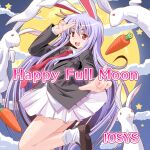  1girl animal_ears ankle_socks black_jacket blazer brown_footwear carrot circle_skirt clothes_lift cloud coattails collared_shirt english_text eyelashes floppy_ears foot_out_of_frame full_moon game_cg hand_on_own_head iosys jacket leg_up light_purple_hair long_hair long_sleeves looking_at_viewer lower_teeth_only miniskirt moon necktie night night_sky official_art open_mouth outstretched_arm pleated_skirt pocket rabbit rabbit_ears red_eyes red_necktie reisen_udongein_inaba shirt shoes skirt skirt_lift sky smile socks solo straight_hair teeth toromi_(toromix2) touhou touhou_cannonball very_long_hair white_shirt white_skirt white_socks 