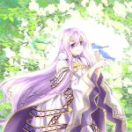  1girl animal animal_on_shoulder bare_shoulders bird bird_on_hand bird_on_shoulder blue_bird circlet dress fire_emblem fire_emblem:_genealogy_of_the_holy_war forest green_bird julia_(fire_emblem) leaf long_hair nature niitahagi outdoors purple_eyes purple_hair smile solo tree white_bird 