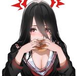  1girl black_hair black_shirt blue_archive bread breasts cleavage eating food hair_between_eyes halo hands_up hasumi_(blue_archive) highres holding holding_food icehotmilktea large_breasts long_hair long_sleeves looking_at_viewer red_eyes sailor_collar school_uniform serafuku shirt simple_background solo upper_body white_background white_sailor_collar 