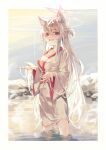  1girl absurdres akira_(blue_archive) animal_ears blue_archive bneoul breasts cat_ears cleavage collarbone hair_between_eyes halo highres large_breasts long_hair long_sleeves open_mouth partially_submerged pink_halo red_eyes smile solo water white_hair wide_sleeves 
