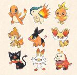  0_0 animal_focus aqua_eyes bird black_fur cat charmander chimchar closed_eyes colored_skin commentary_request crocodilian cyndaquil fangs fennekin fire fuecoco highres litten metikyun monkey open_mouth orange_eyes orange_fur orange_skin pig pokemon pokemon_(creature) rabbit scorbunny simple_background smile snout tail tepig torchic trait_connection white_background 