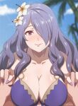  1boy 1girl absurdres bikini blurry blurry_background blush breasts camilla_(fire_emblem) collarbone fire_emblem fire_emblem_fates flower hair_flower hair_ornament hair_over_one_eye highres holding interlocked_fingers large_breasts lips long_hair looking_at_viewer nail_polish o-ring o-ring_bikini official_alternate_costume palm_tree pink_lips purple_bikini purple_eyes purple_hair purple_nails smile swimsuit tak0baka tree upper_body watermark wavy_hair white_flower 