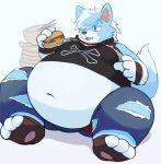  3_toes 4_fingers alpha_(tribal_hunter) anthro belly big_belly blue_body blue_eyes blue_fur bottomwear burger clothing collar denim denim_bottomwear denim_clothing eating feet fingers food fur hi_res huge_belly jeans male overweight overweight_anthro pants simple_background sitting solo taka_fin9623 thick_thighs tight_clothing toes torn_bottomwear torn_clothing torn_jeans torn_pants white_body white_fur 