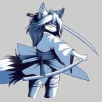  absurd_res anthro asian_clothing bandage bandaged_leg canid canine clothing digital_media_(artwork) east_asian_clothing female hair head_markings hi_res japanese_clothing katana looking_at_viewer looking_back mammal markings melee_weapon rear_view scar smile smirk solo sword tail vecnarvi weapon 